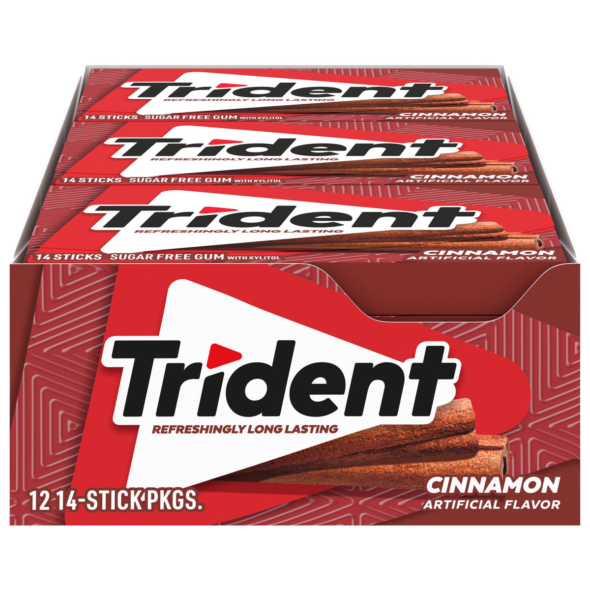 Trident Cinnamon Sugar Free Gum pack shows 12-pack display for on-the-go fresh breath