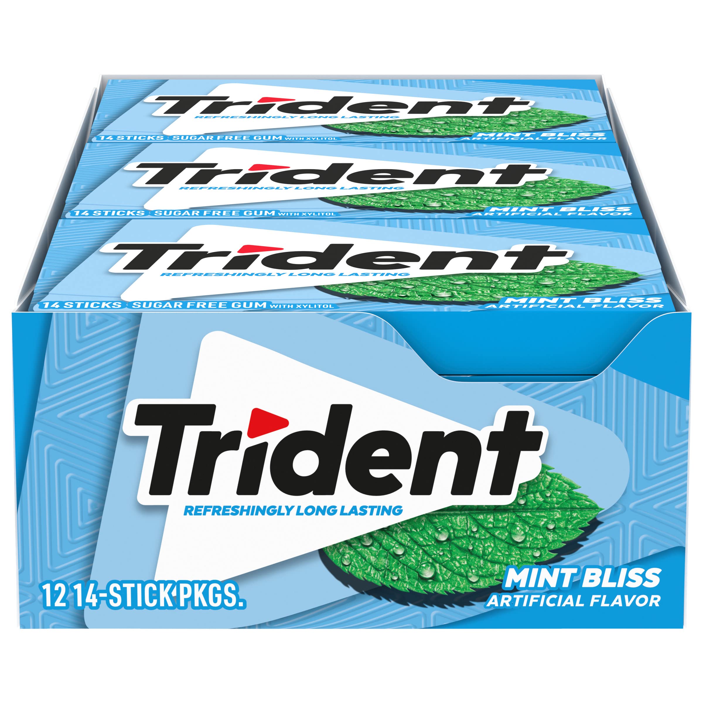 Trident Mint Bliss gum pack front shows mint flavor and bulk value for home or office.