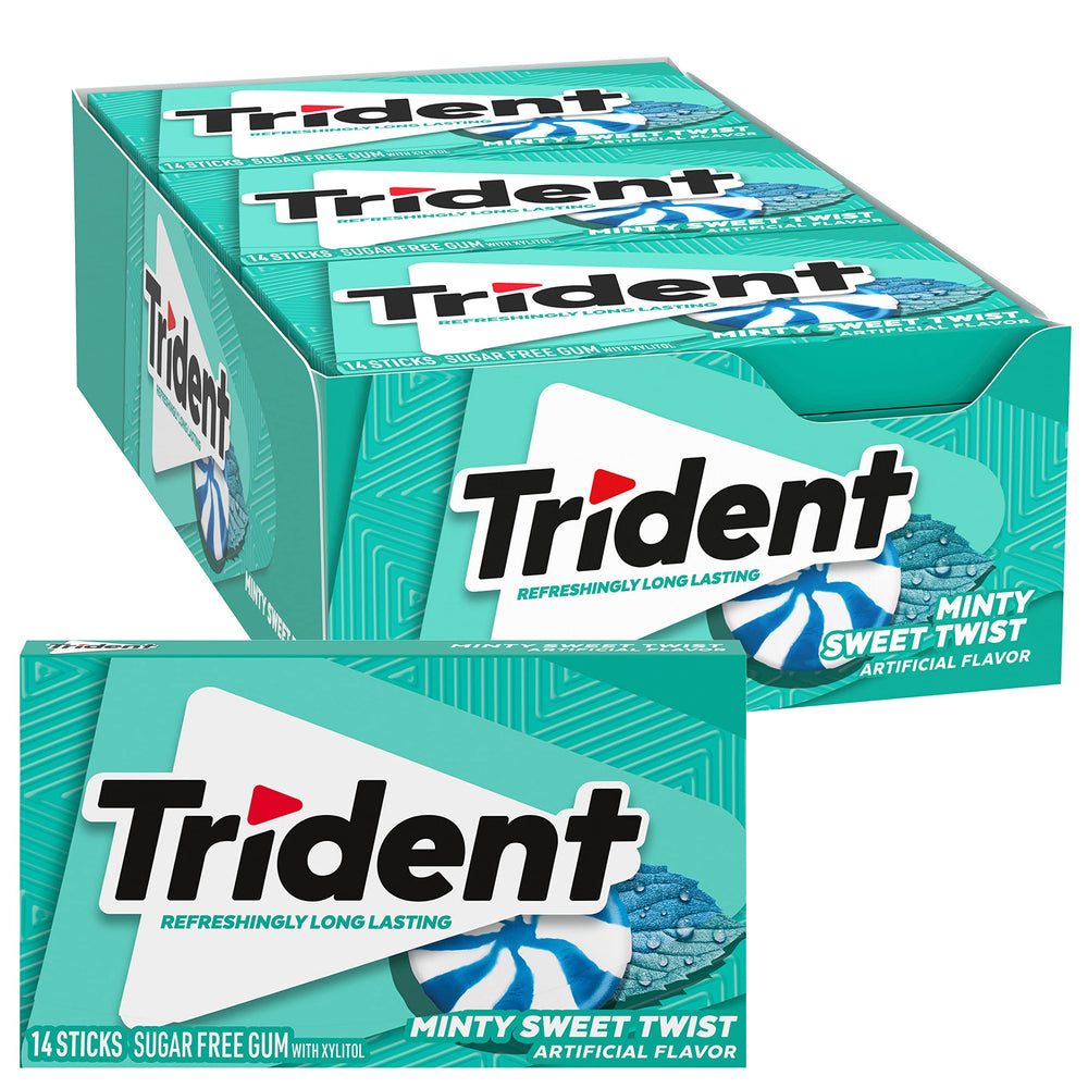 Trident Minty Sweet Twist gum twelve-pack display, convenient fresh breath for on-the-go.