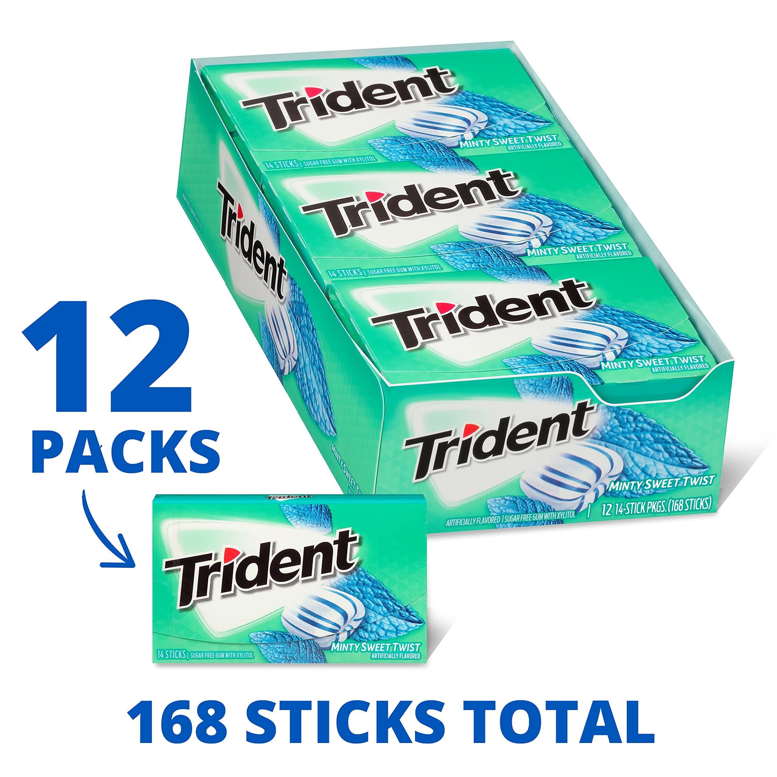Trident minty-sweet twist packaging shows individually wrapped sticks for lasting freshness.