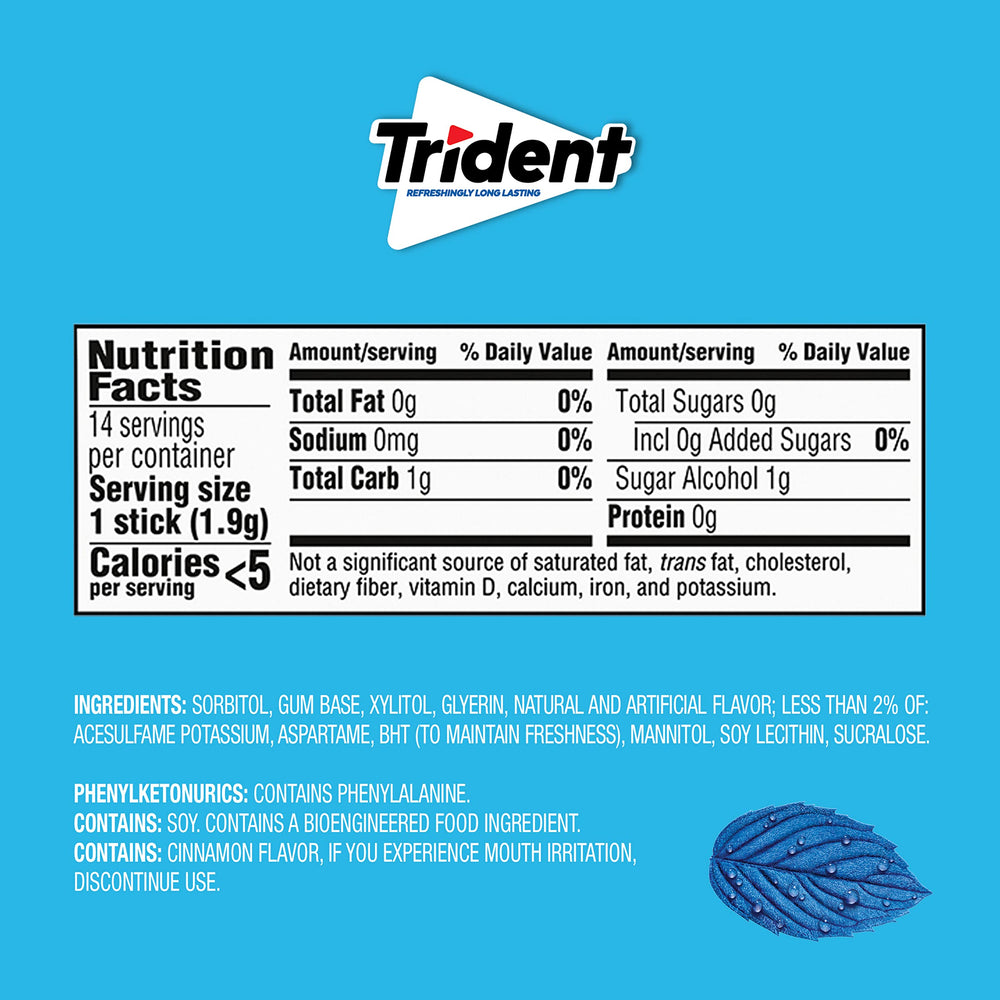 Trident Original Gum peppermint cinnamon blend for refreshing taste.