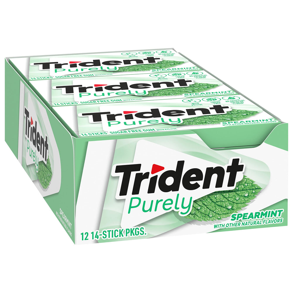 Trident Purely Spearmint gum refreshing menthol aroma under packaging glow.