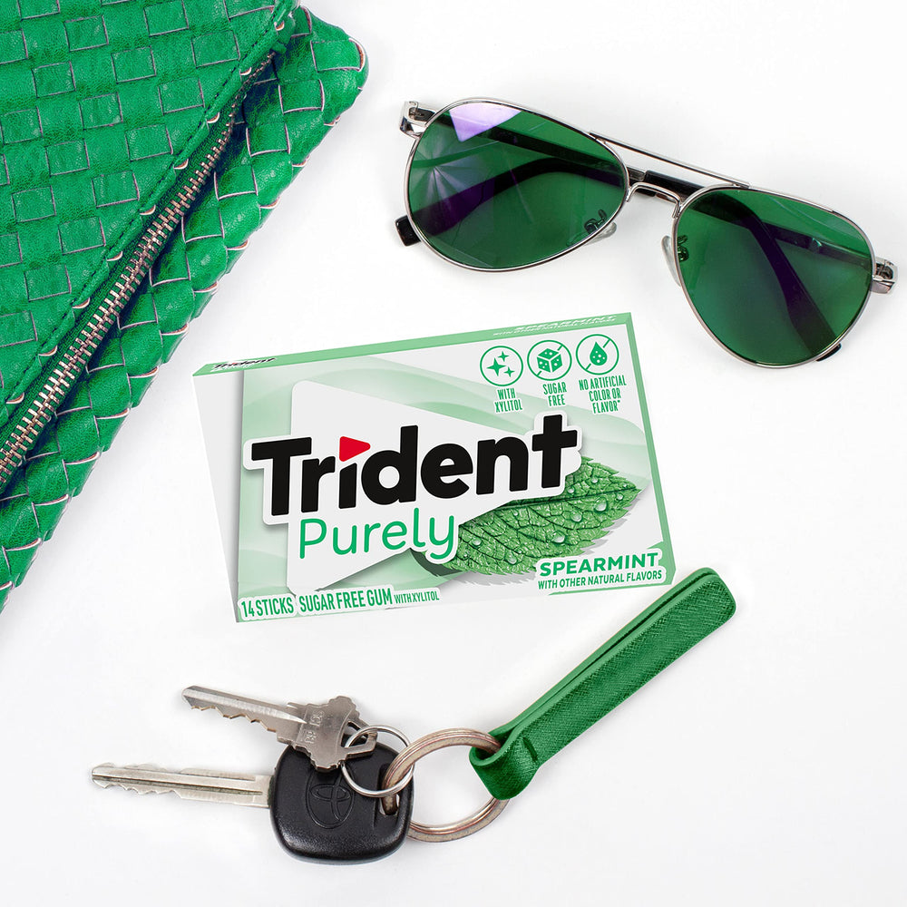 Trident Purely Spearmint gum sticks wrapped airtight for lasting freshness.