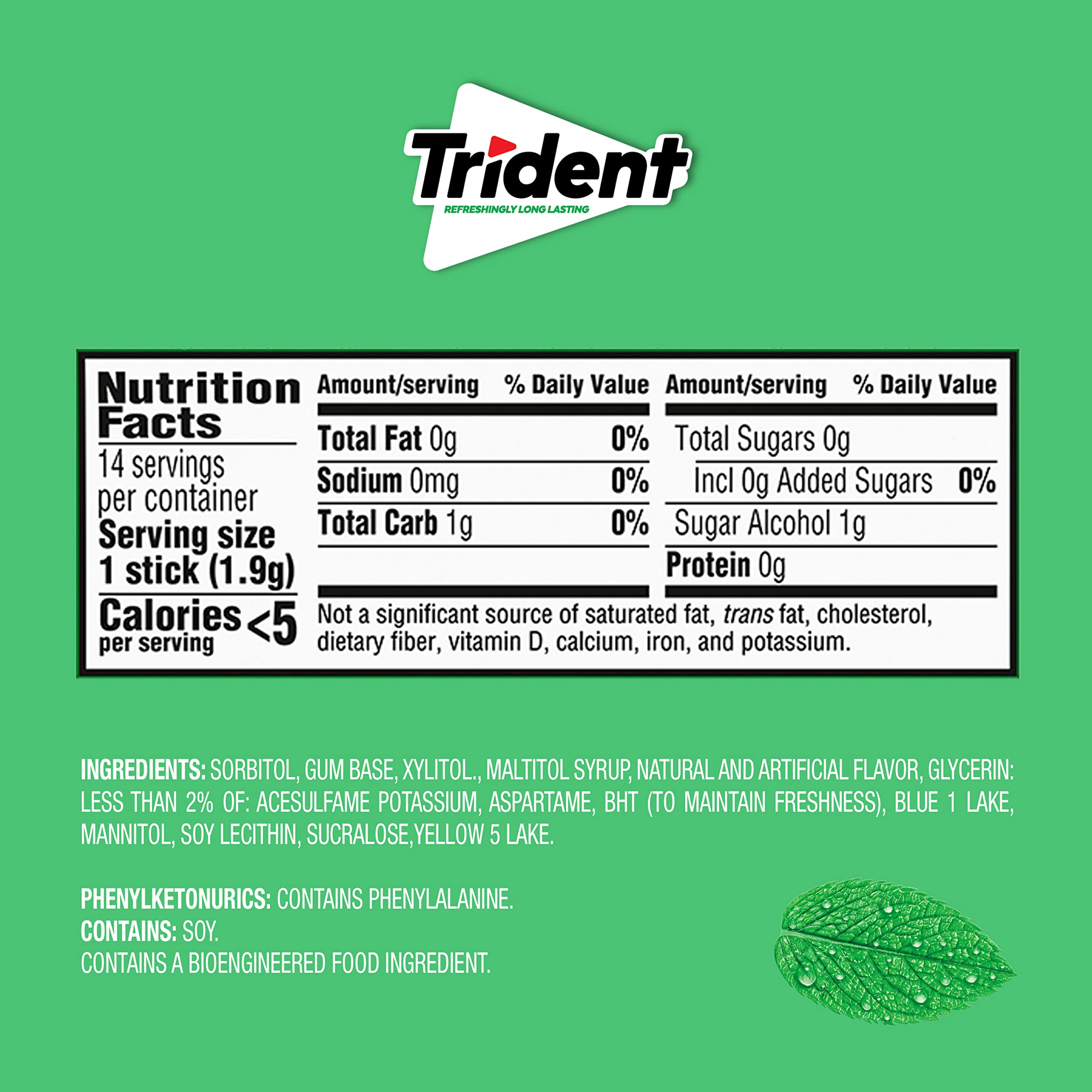 Trident Spearmint Sugar Free Gum 14-piece stick close-up showing mint flavor.
