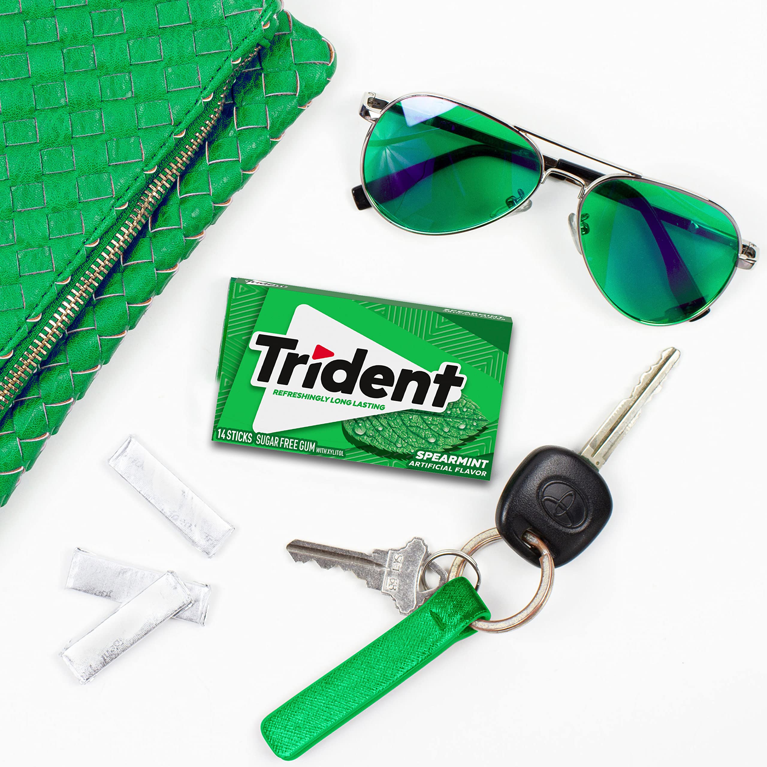 Trident Spearmint Sugar Free Gum foil wrappers close-up showing freshness.