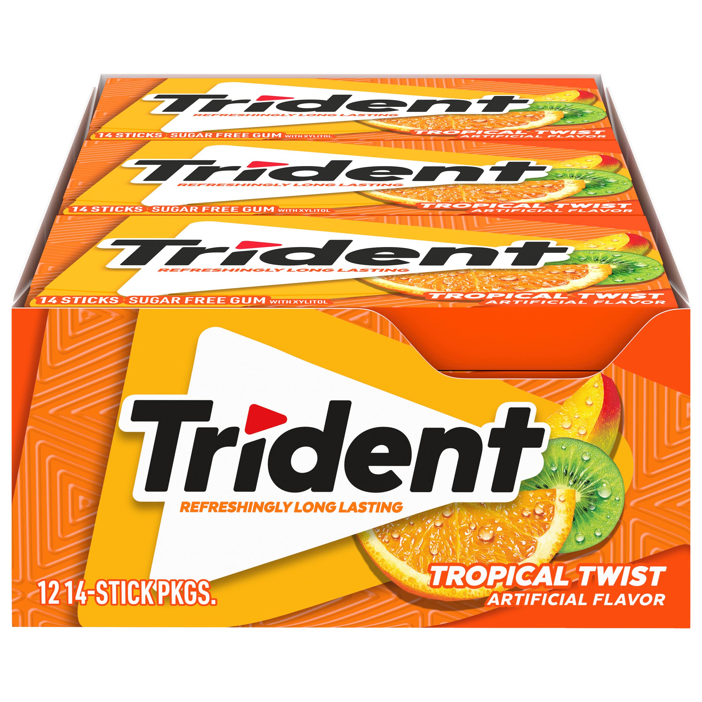 Trident Tropical Twist gum pack closeup for bulk convenience and freshness.