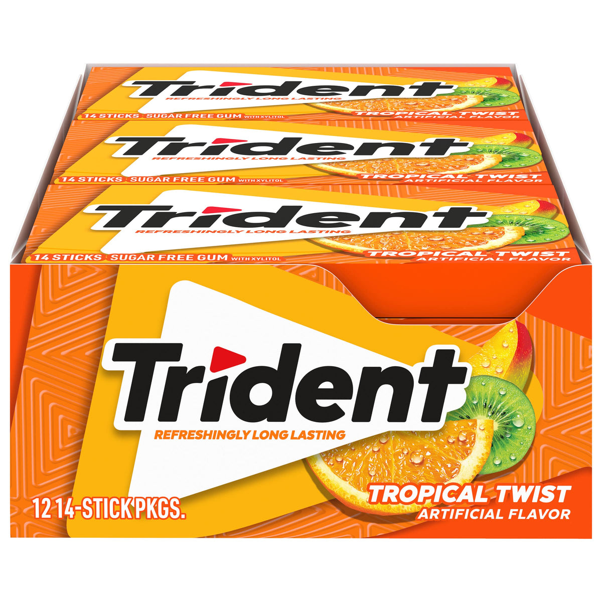 Trident Tropical Twist gum pack closeup for bulk convenience and freshness.