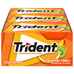Trident Tropical Twist gum pack closeup for bulk convenience and freshness.