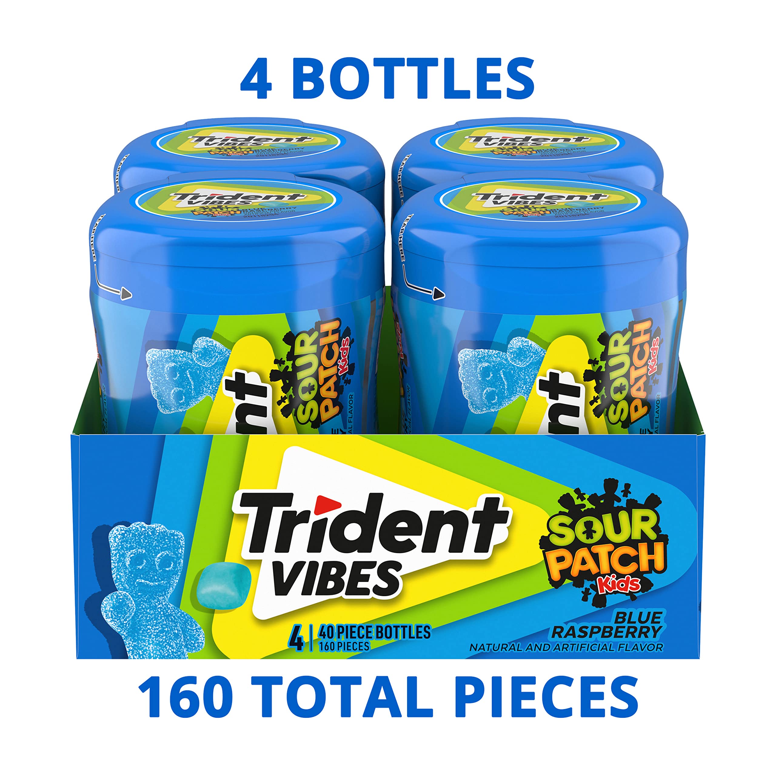 Trident Vibes Blue Raspberry Sugar-Free Gum open bottle demonstrates portability.