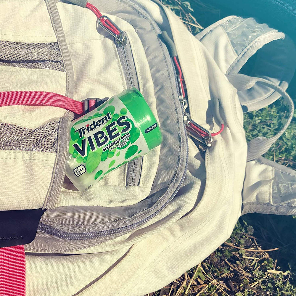 Trident Vibes Spearmint Rush packaging on desk shows convenient bulk pack.