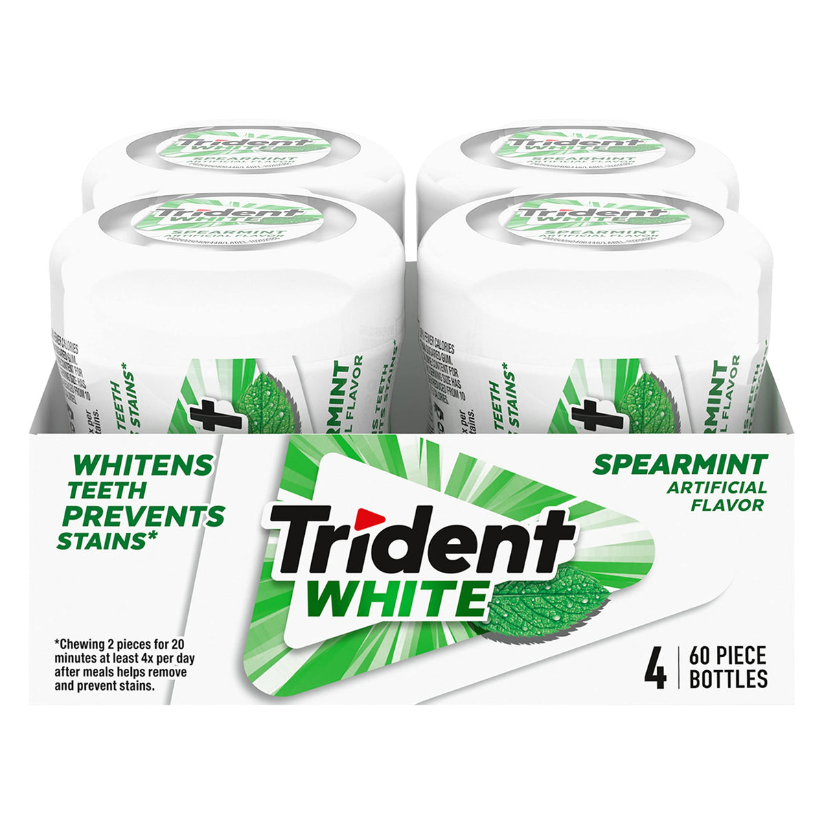 Trident White Spearmint gum bottle stack offers on-the-go freshness.