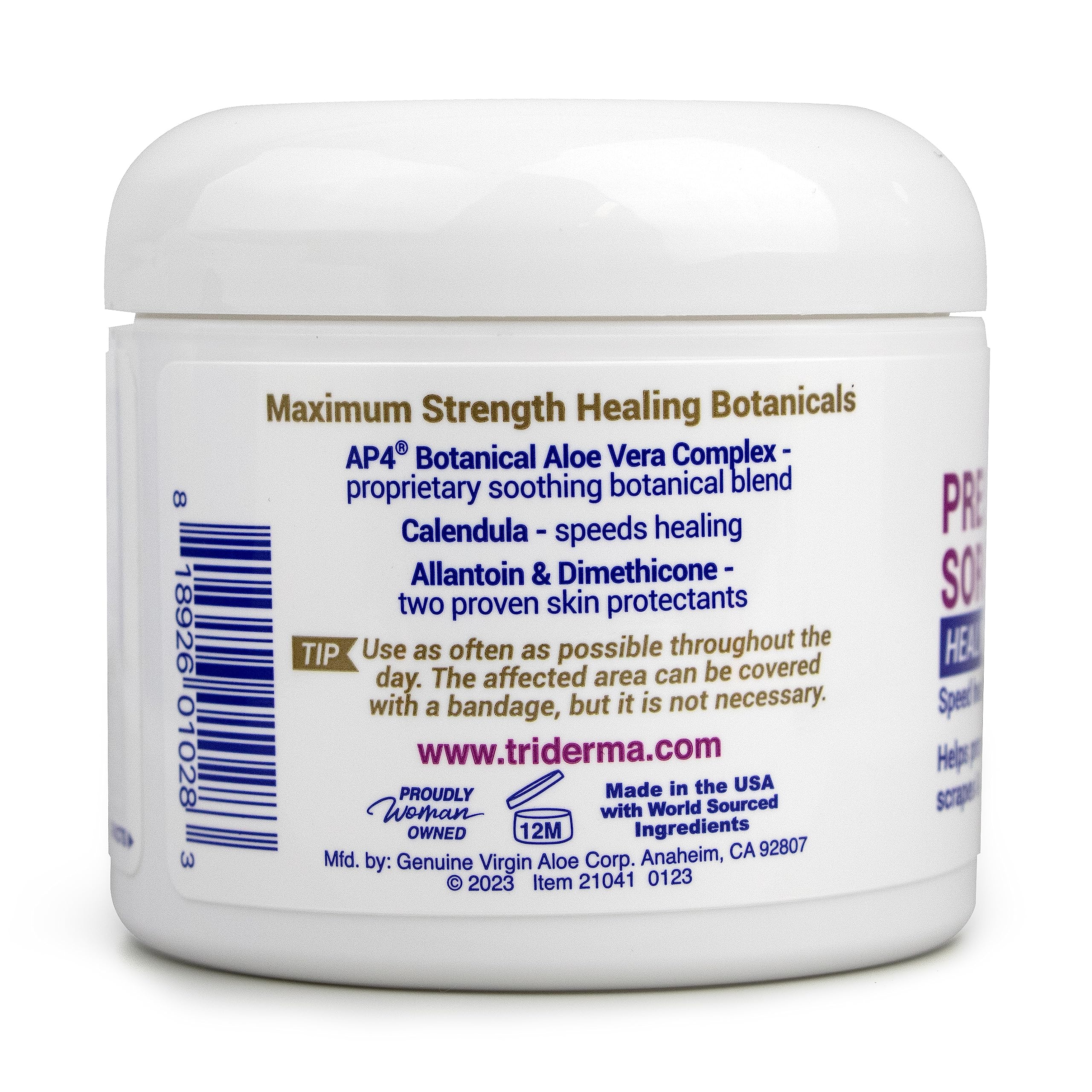 TriDerma MD AP4 Aloe gel complex label highlights proprietary healing properties