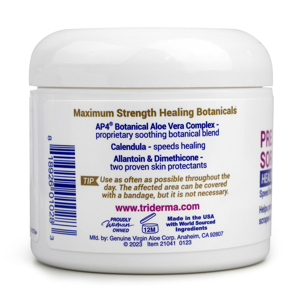TriDerma MD AP4 Aloe gel complex label highlights proprietary healing properties