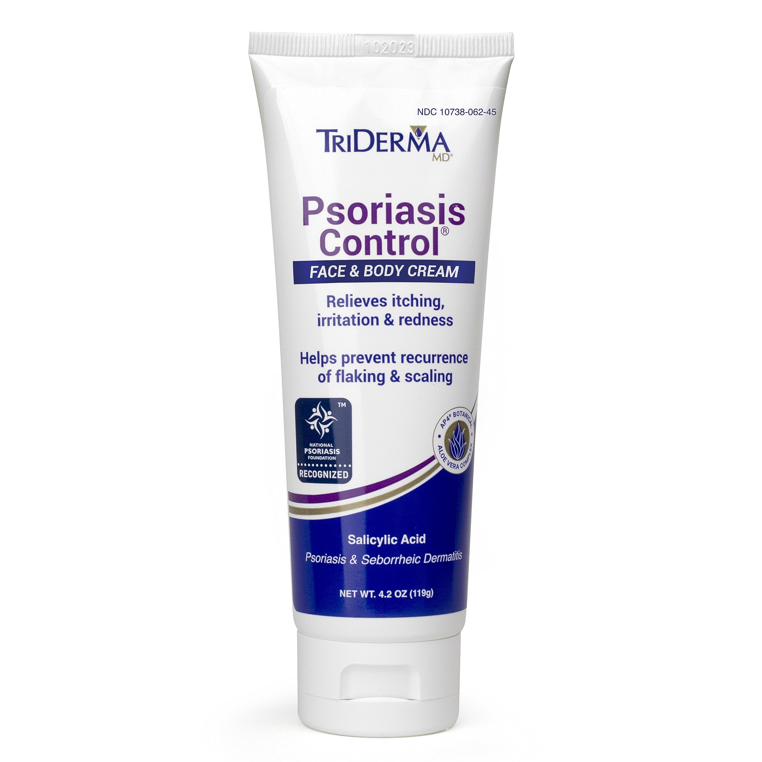 TriDerma Psoriasis Control Cream bottle close-up, visibly calming dry, irritated patches.