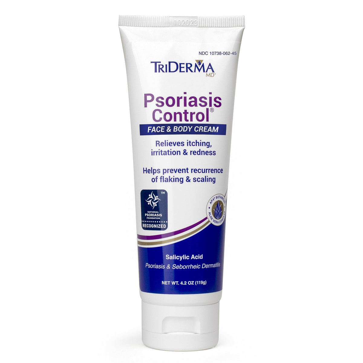TriDerma Psoriasis Control Cream bottle close-up, visibly calming dry, irritated patches.