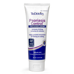 TriDerma Psoriasis Control Cream bottle close-up, visibly calming dry, irritated patches.