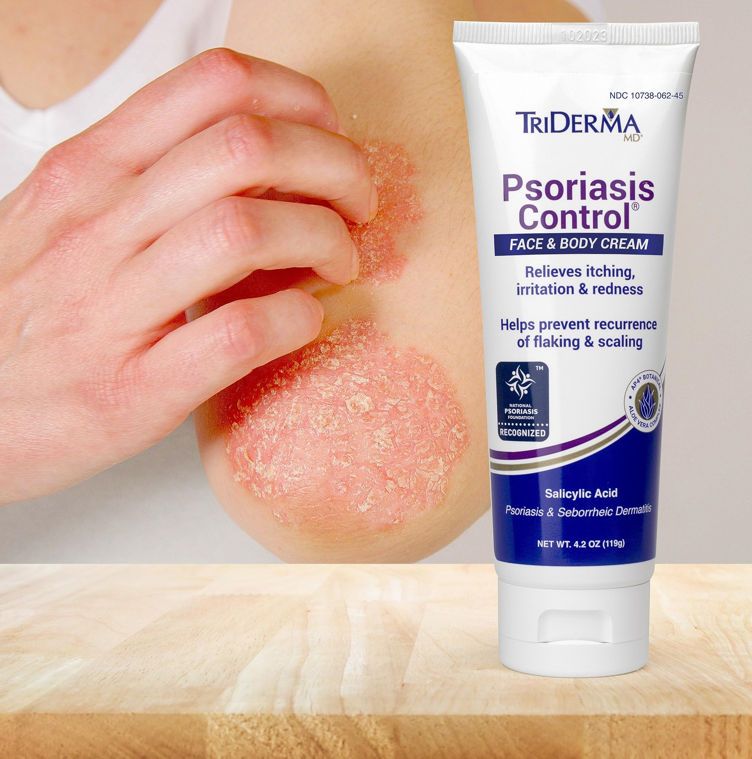 TriDerma Psoriasis Control Cream is shown beside daily skincare routine.