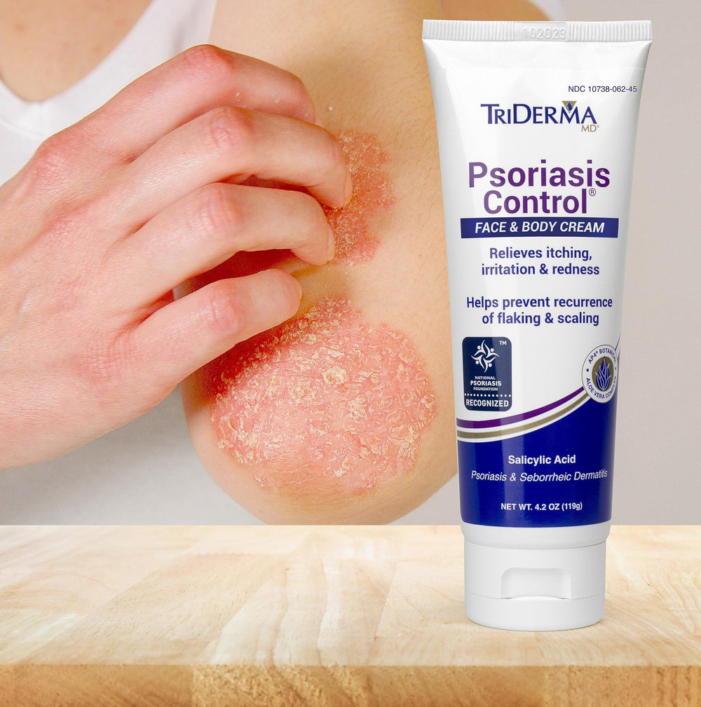 TriDerma Psoriasis Control Cream is shown beside daily skincare routine.