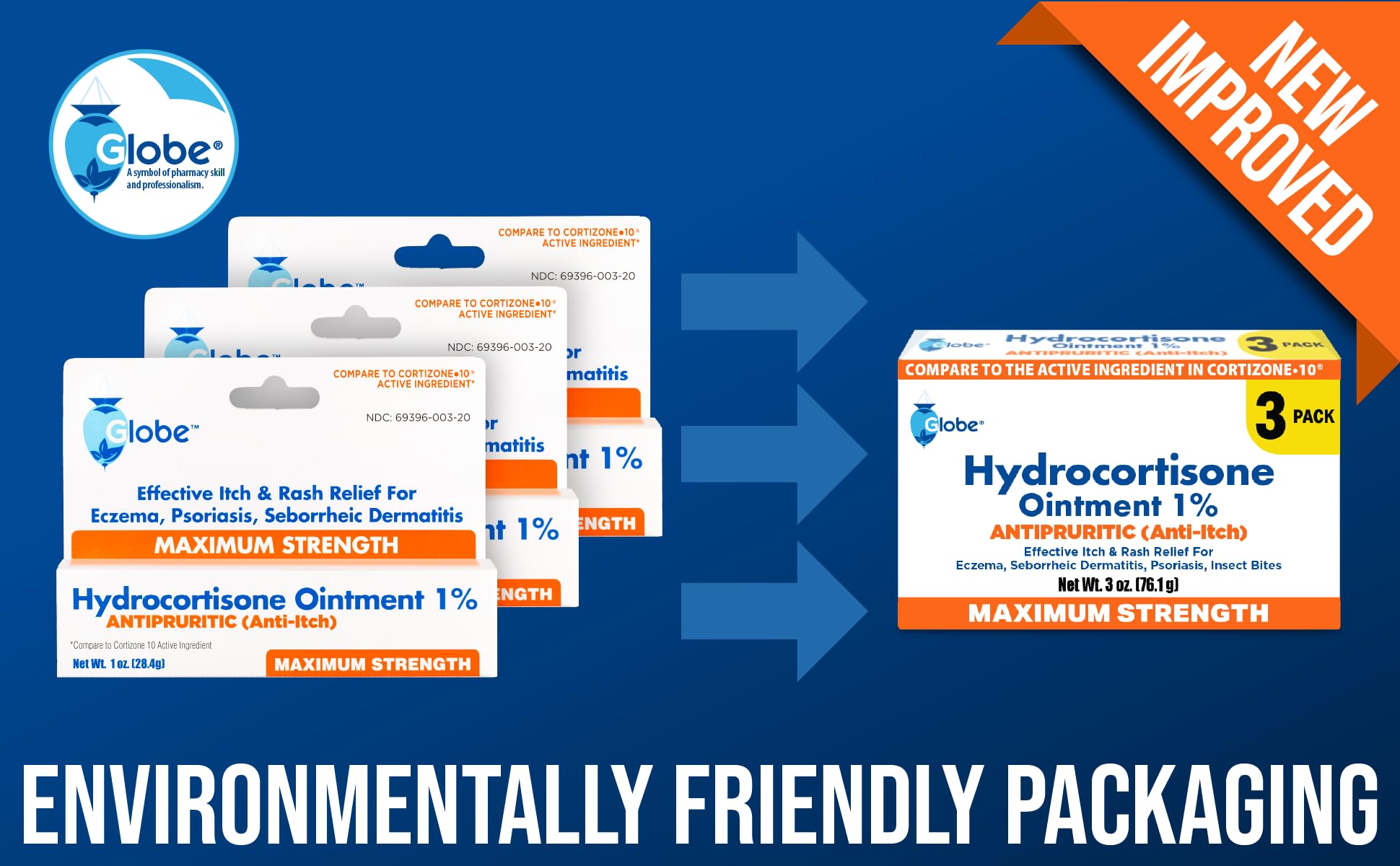 Boxed Globe Hydrocortisone packaging and 3 tubes for value