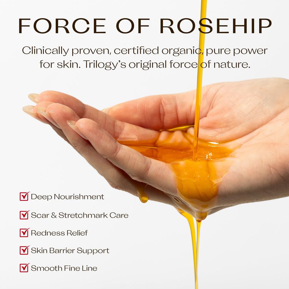 Trilogy Rosehip Oil ingredients omega fatty acids close-up