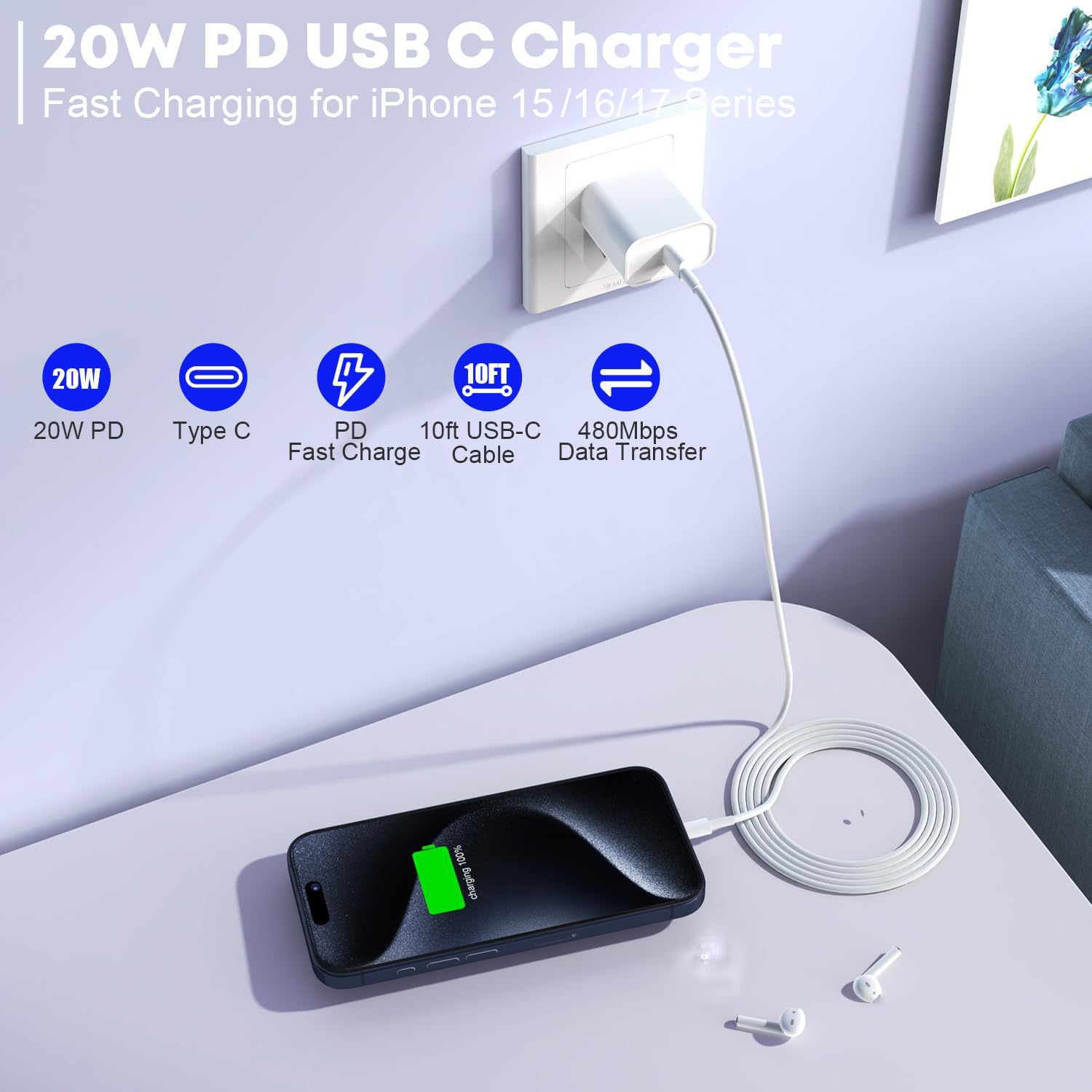 TrimDish USB-C cable 10ft long for charging from bed to couch