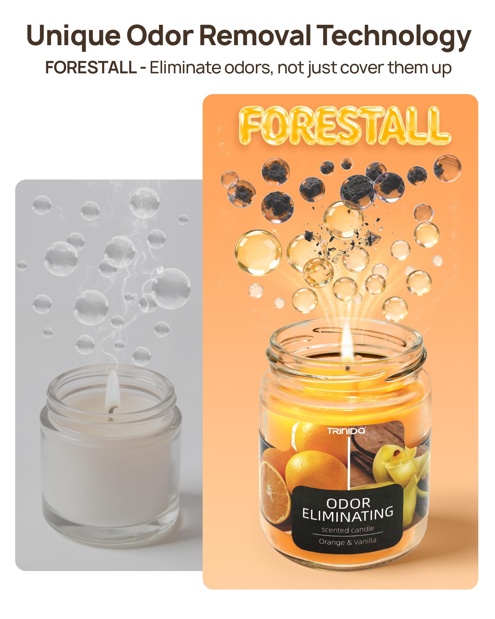 TRINIDa orange-vanilla candle flame close-up highlights clean burn and inviting aroma.