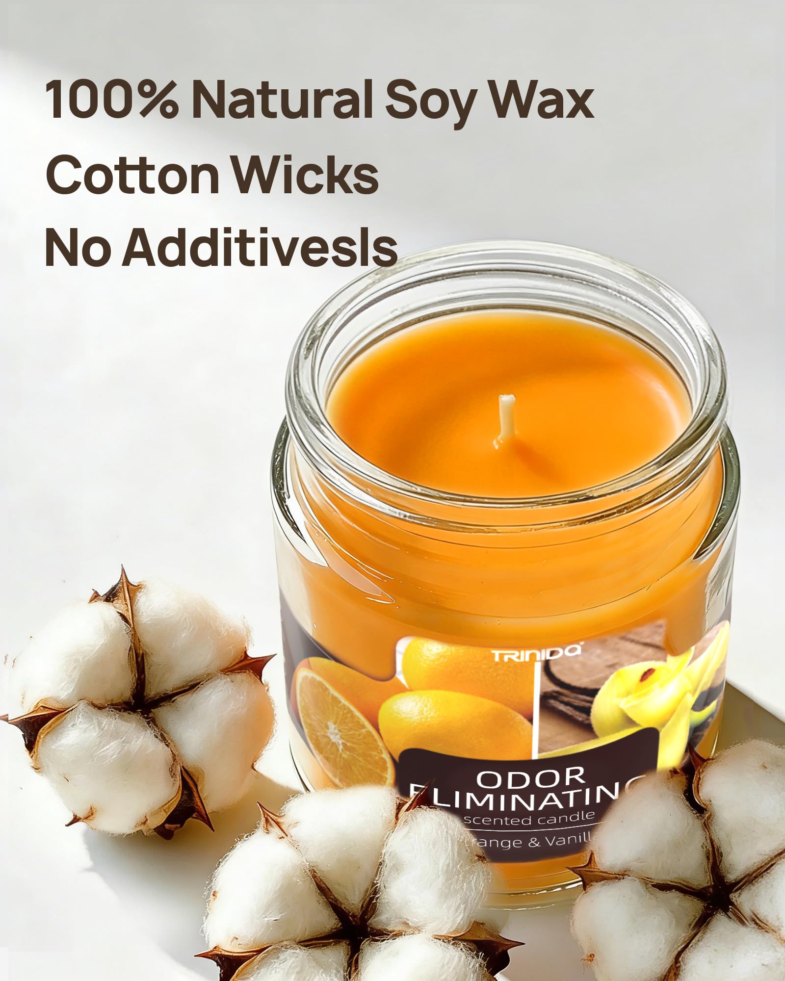 TRINIDa orange-vanilla candle in room demonstrates odor relief in daily living.