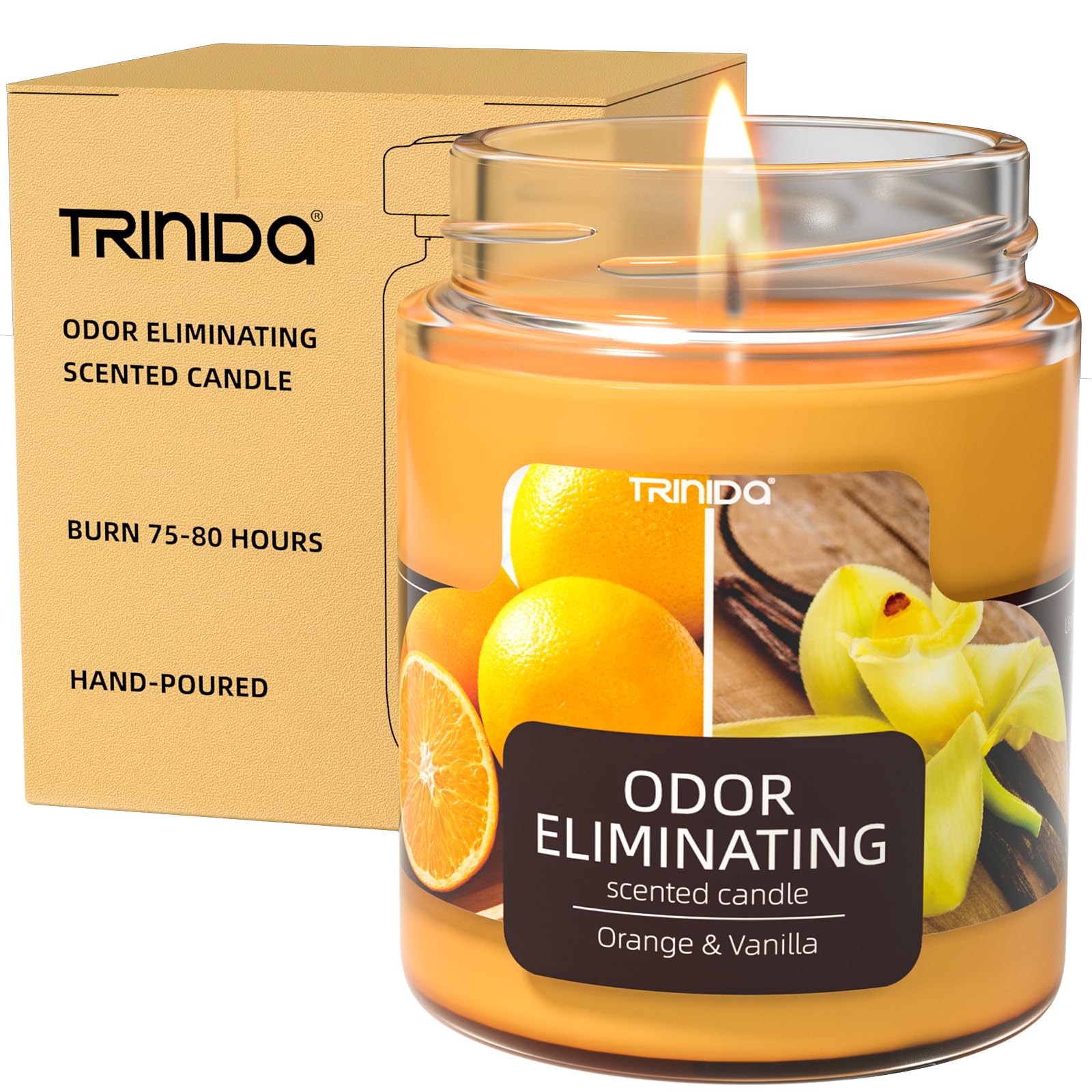 TRINIDa orange-vanilla odor eliminating candle packaging highlights premium eco-friendly design and fragrance promise.
