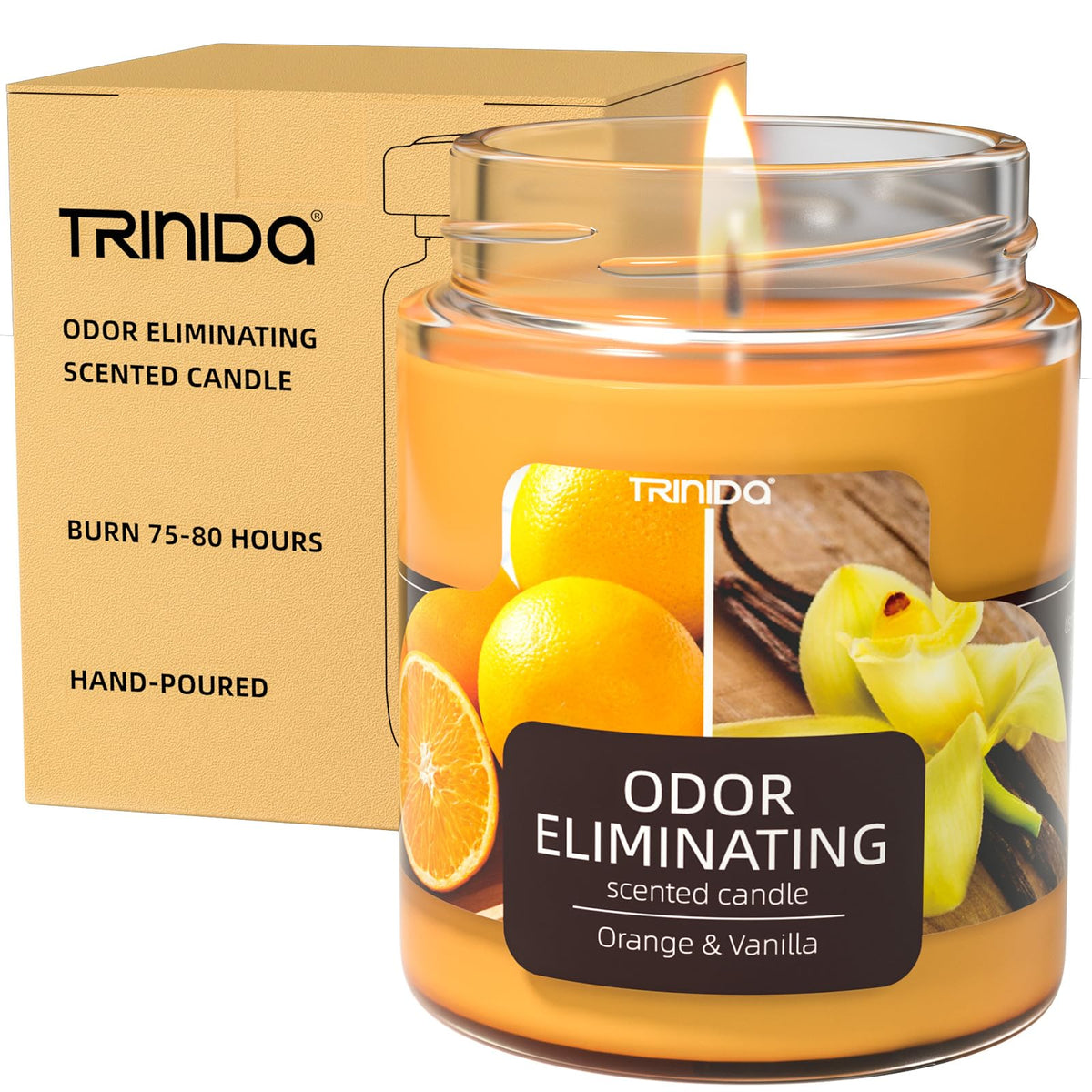 TRINIDa orange-vanilla odor eliminating candle packaging highlights premium eco-friendly design and fragrance promise.