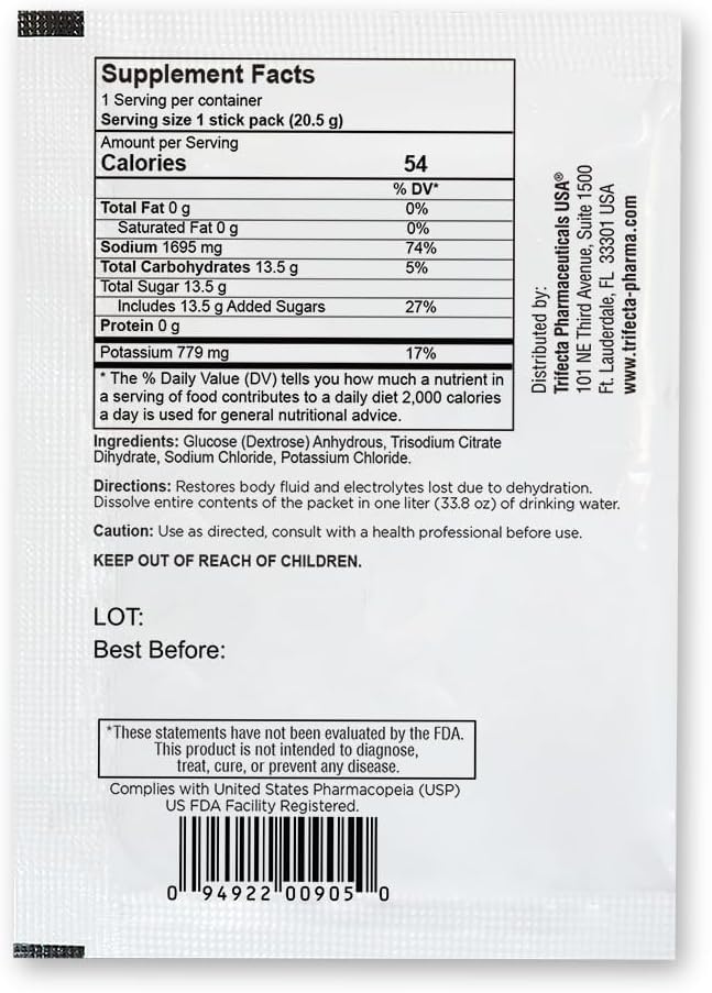 TRIORAL label close-up highlighting cGMP manufacturing and UNICEF guidelines