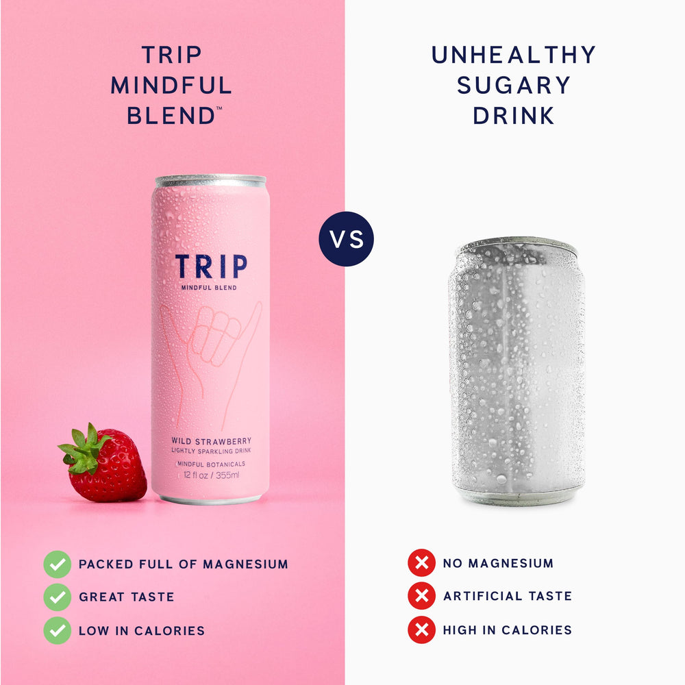 TRIP can on table with 0% ABV, ready for a casual sip.