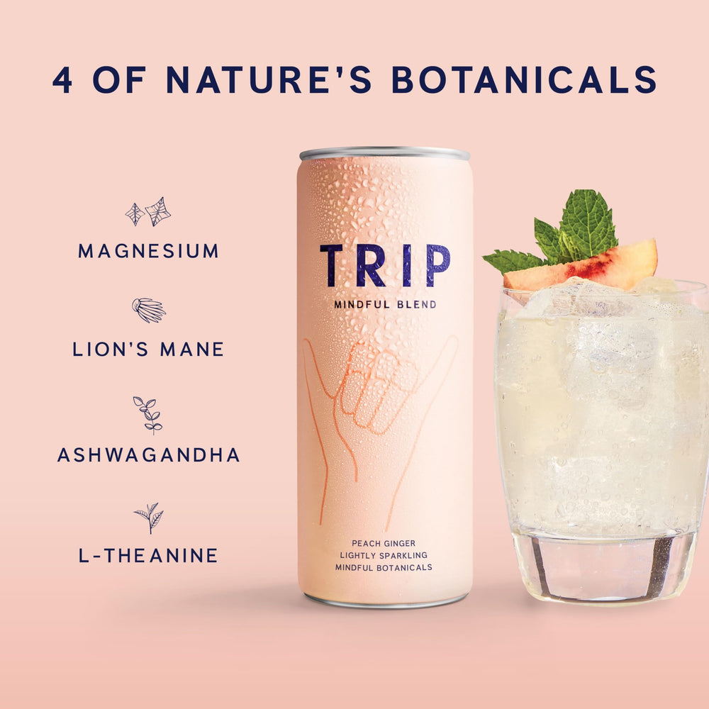 TRIP Peach Ginger can with bubbles showing a refreshing sip