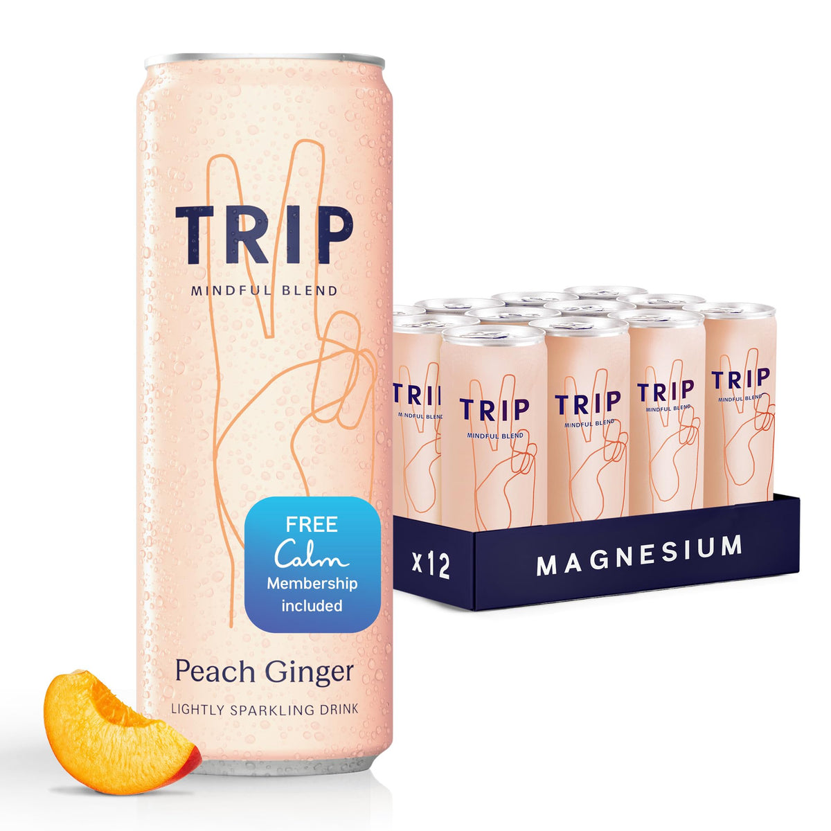 TRIP Lightly Sparkling Peach Ginger can close-up for a refreshing mocktail base