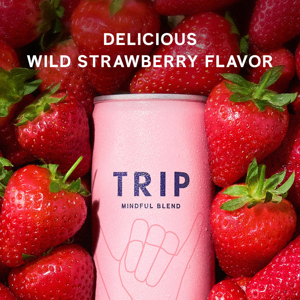 TRIP Mindful Blend lineup highlighting Wild Strawberry flavor and varied options.