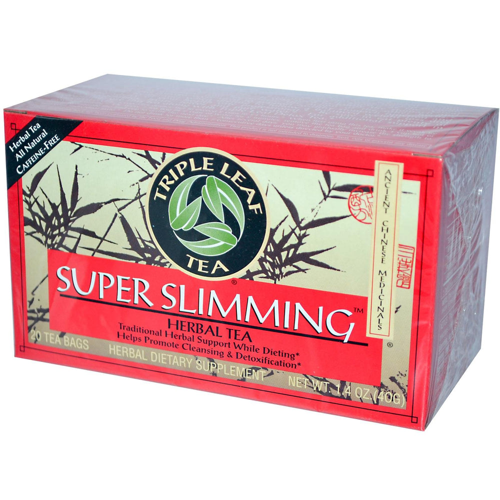Triple Leaf Tea Super Slimming Tea box shows packaging for caffeine-free cleansing.
