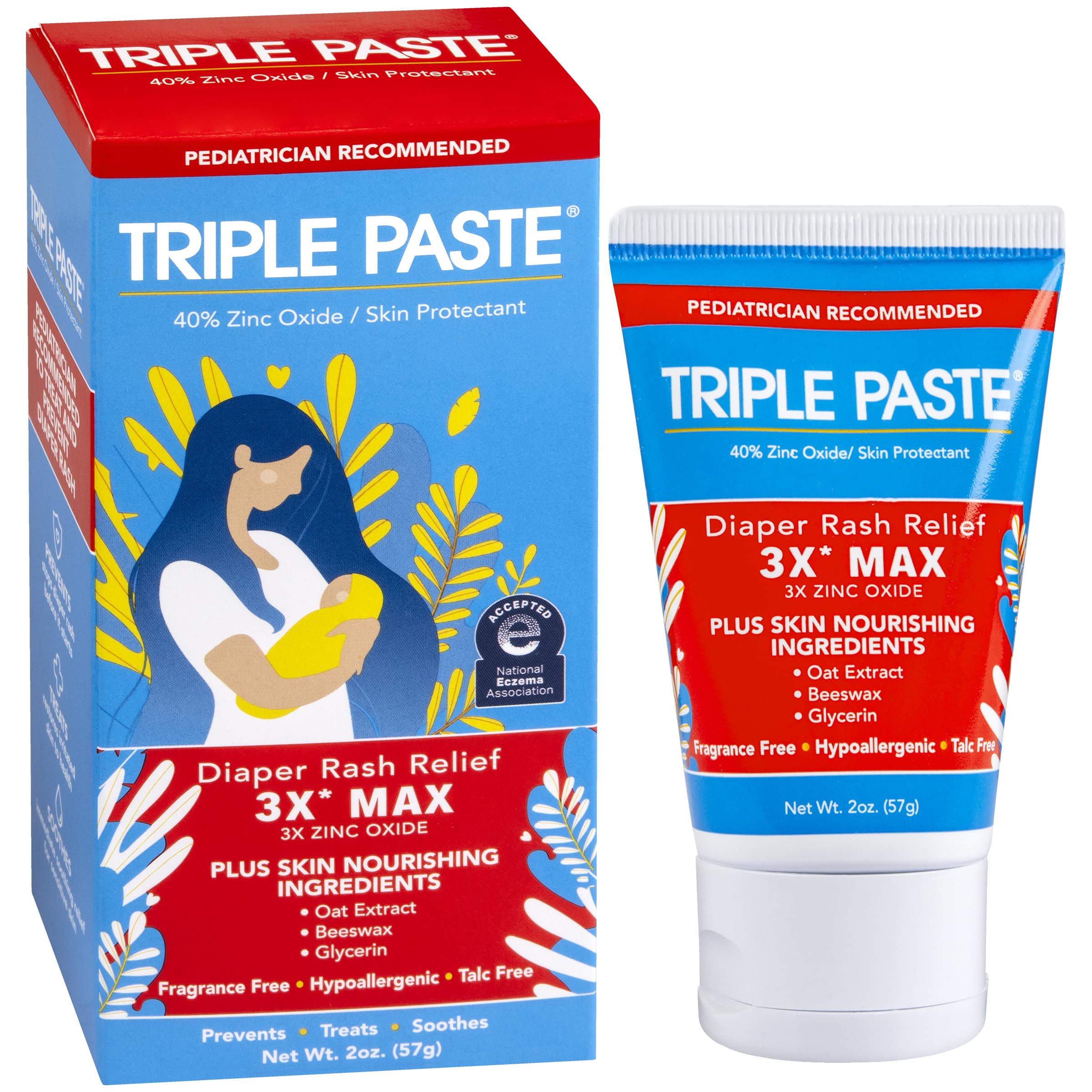 Triple Paste 3X Max bottle close-up shows zinc oxide strength for diaper rash relief