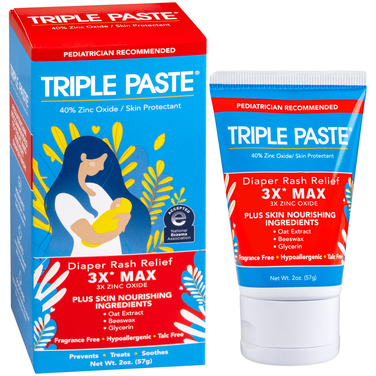 Triple Paste 3X Max bottle close-up shows zinc oxide strength for diaper rash relief