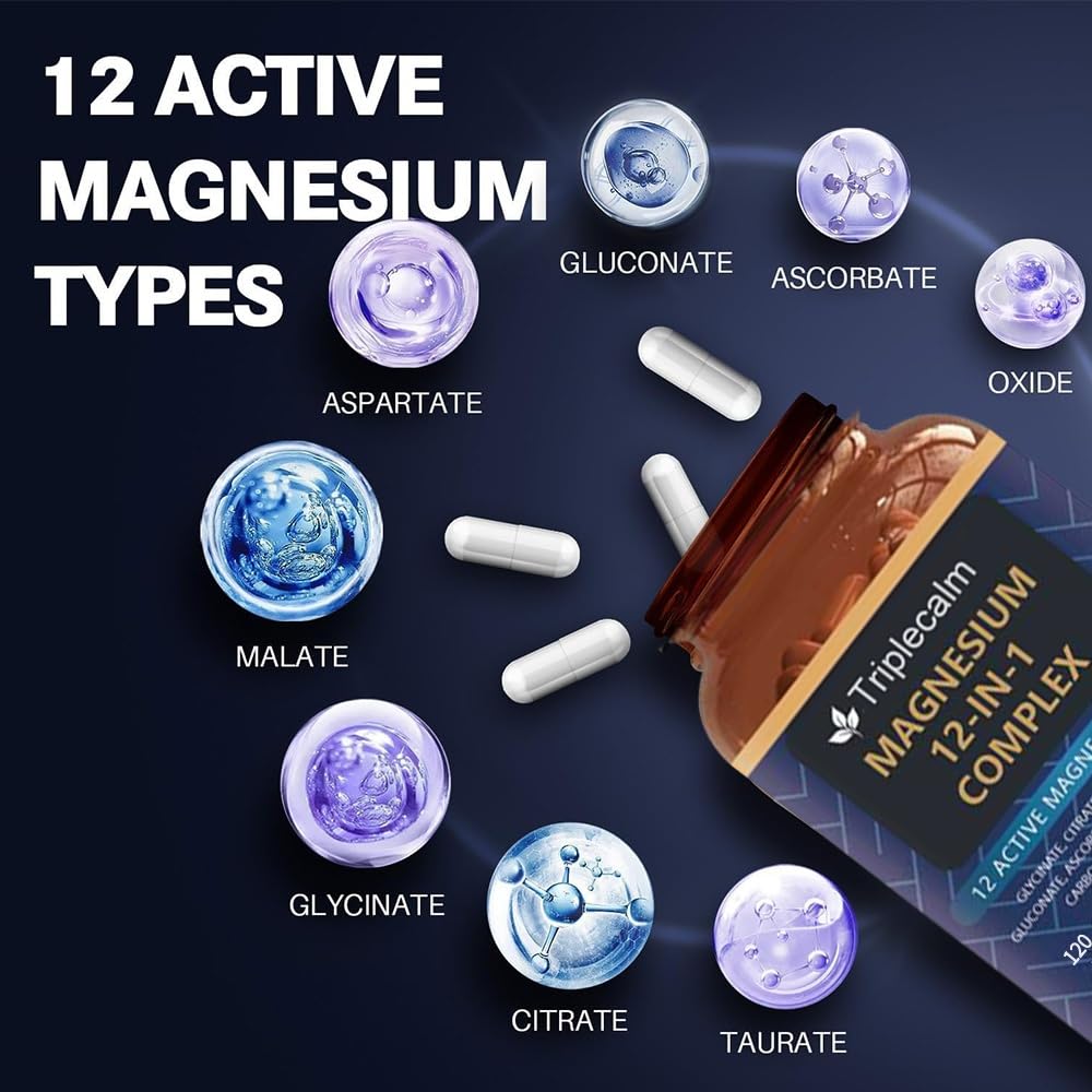 Triplecalm Magnesium 12in1 bottle label close-up highlighting absorption.