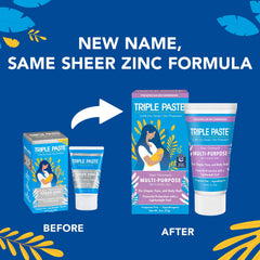 Triple Paste tube close-up highlighting zinc oxide with oats and beeswax for soothing care
