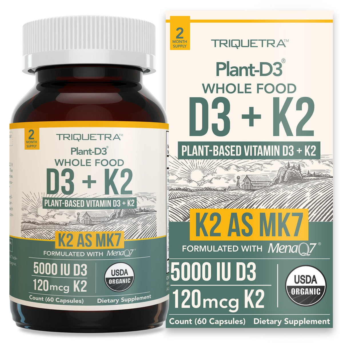 Triquetra Health Organic D3 + K2 algae bottle; supports daily bone and immune wellness.