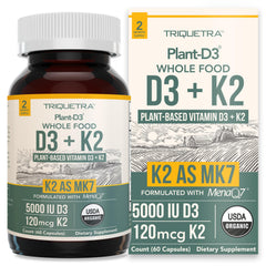 Triquetra Health Organic D3 + K2 algae bottle; supports daily bone and immune wellness.