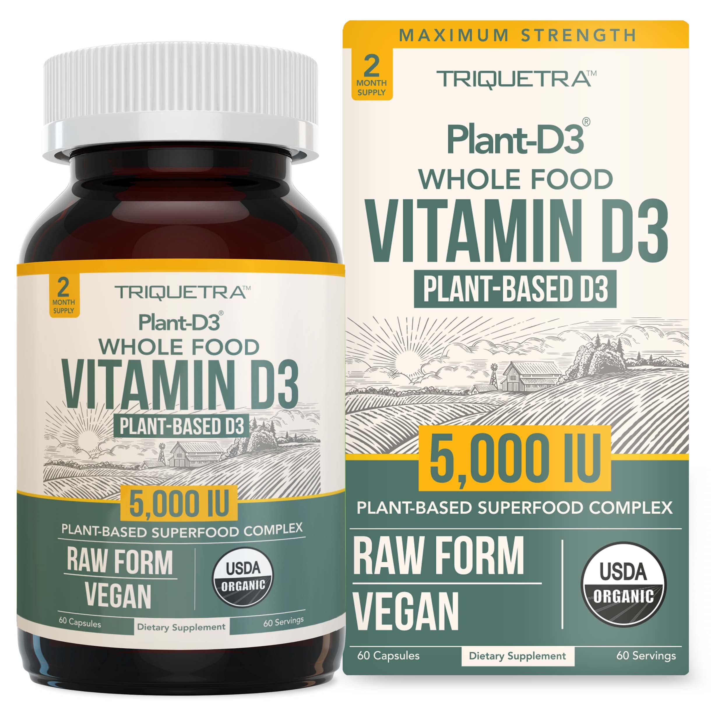 Triquetra Health Organic Vitamin D3 capsules in bottle for daily wellness.