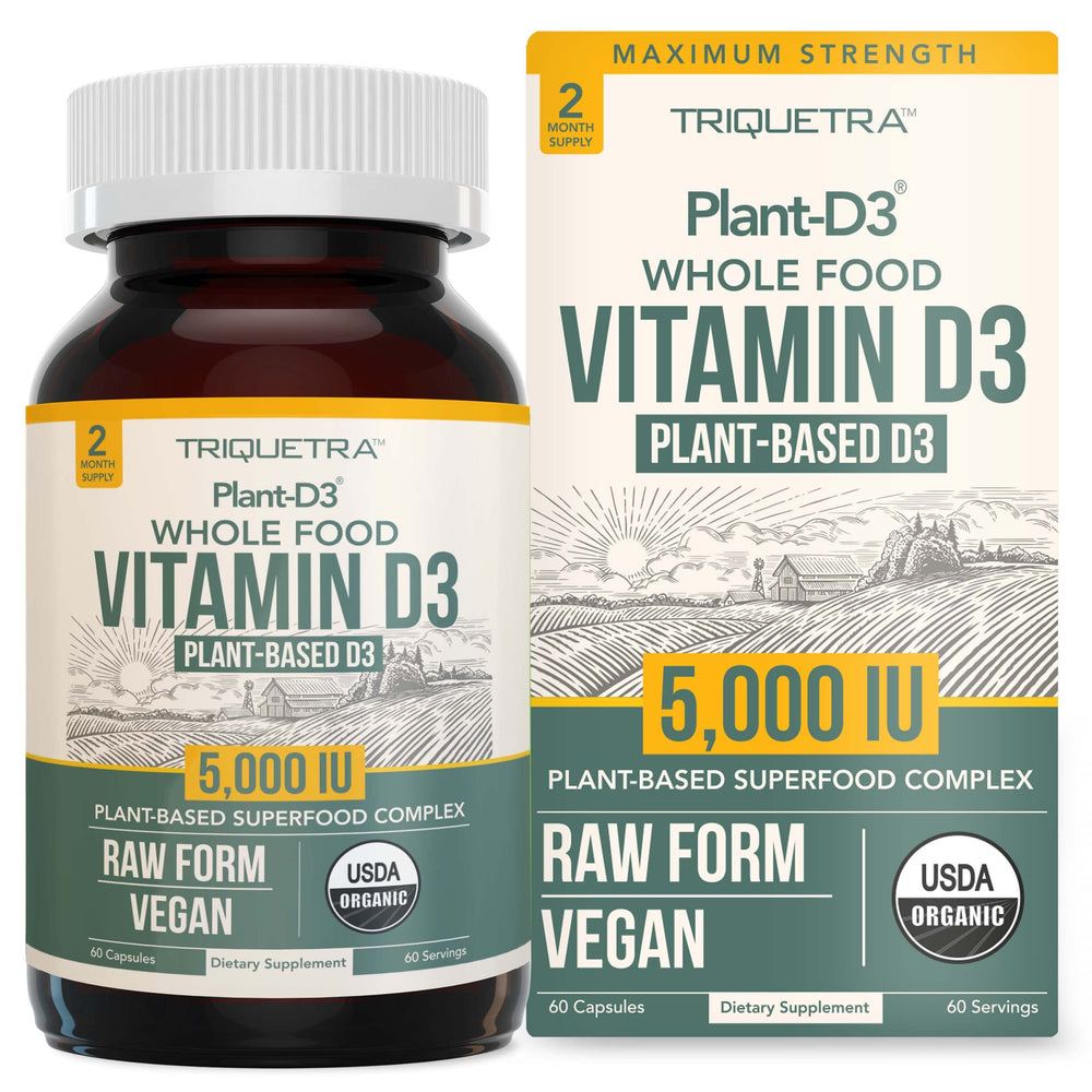 Triquetra Health Organic Vitamin D3 capsules in bottle for daily wellness.