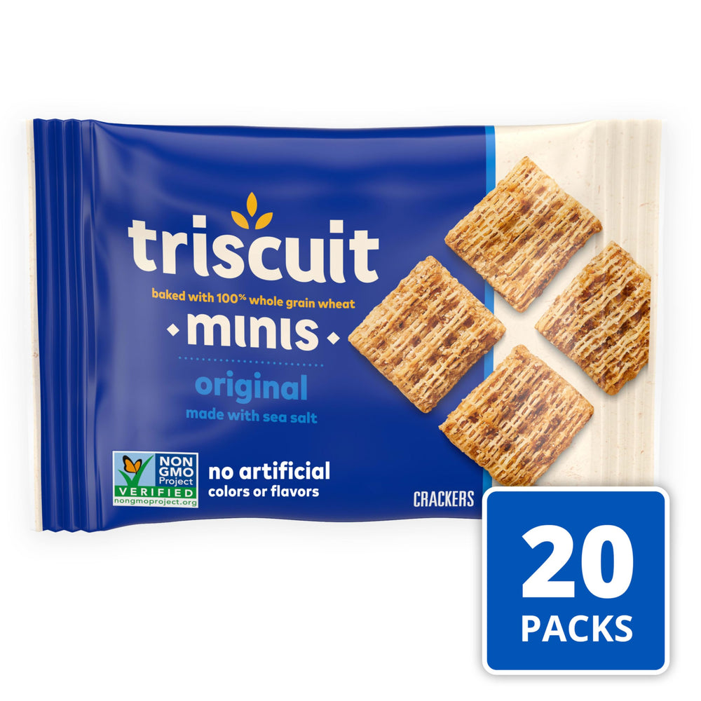 Triscuit Minis Original crackers open on plate with bite-sized crunch.