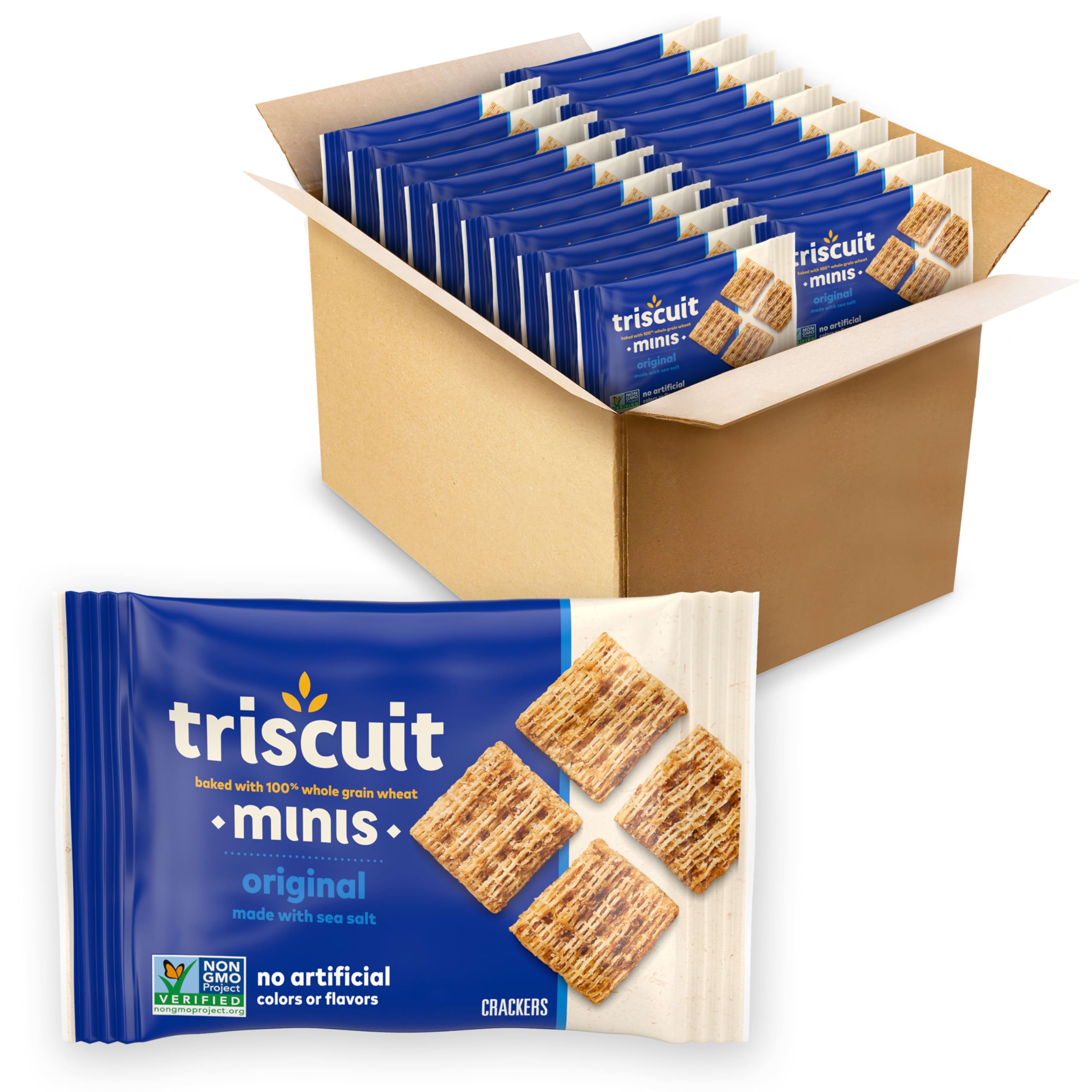 Triscuit Minis Original Whole Grain Wheat crackers on front-pack, ideal lunchbox snack.