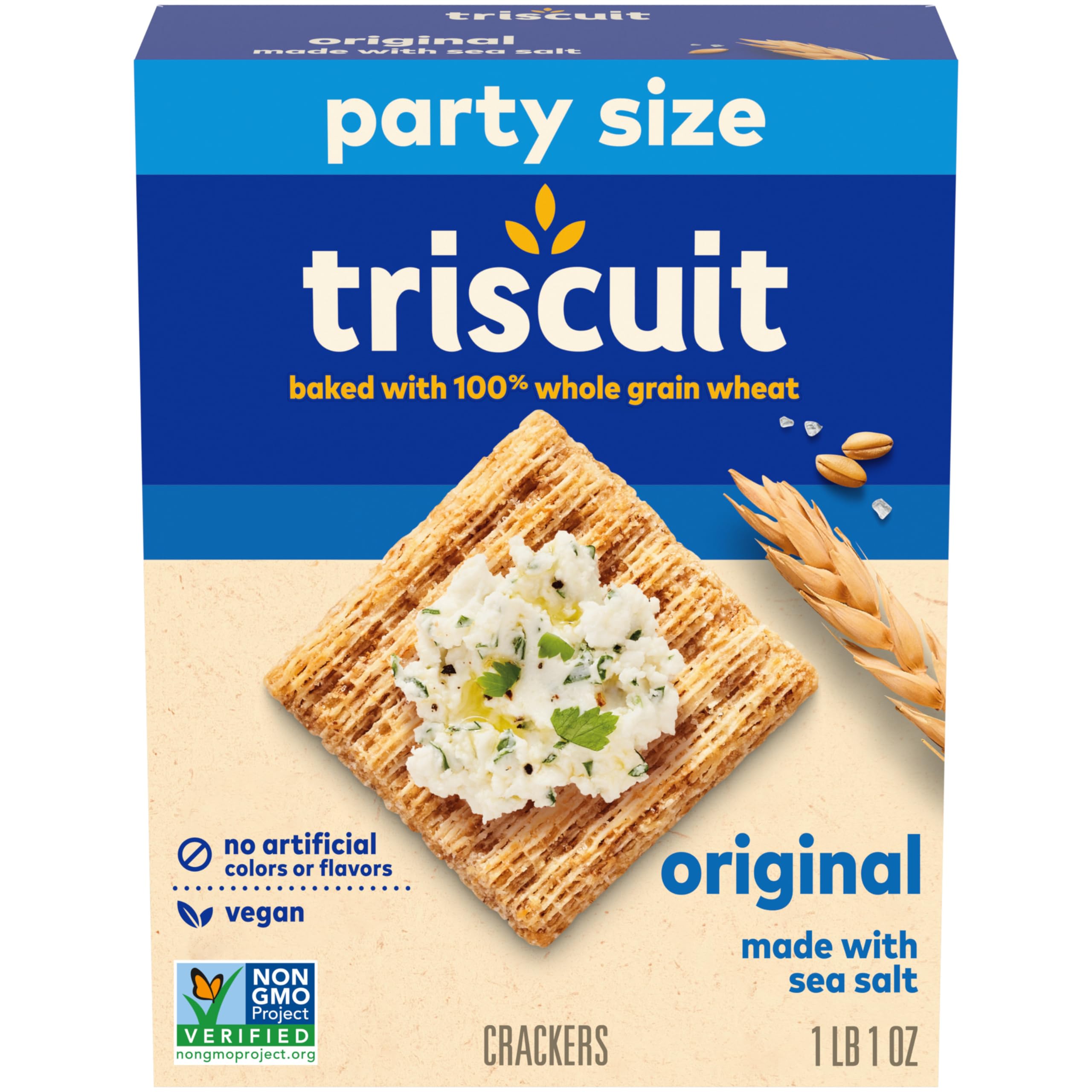 Triscuit Original Whole Grain crackers box front—versatile vegan snack