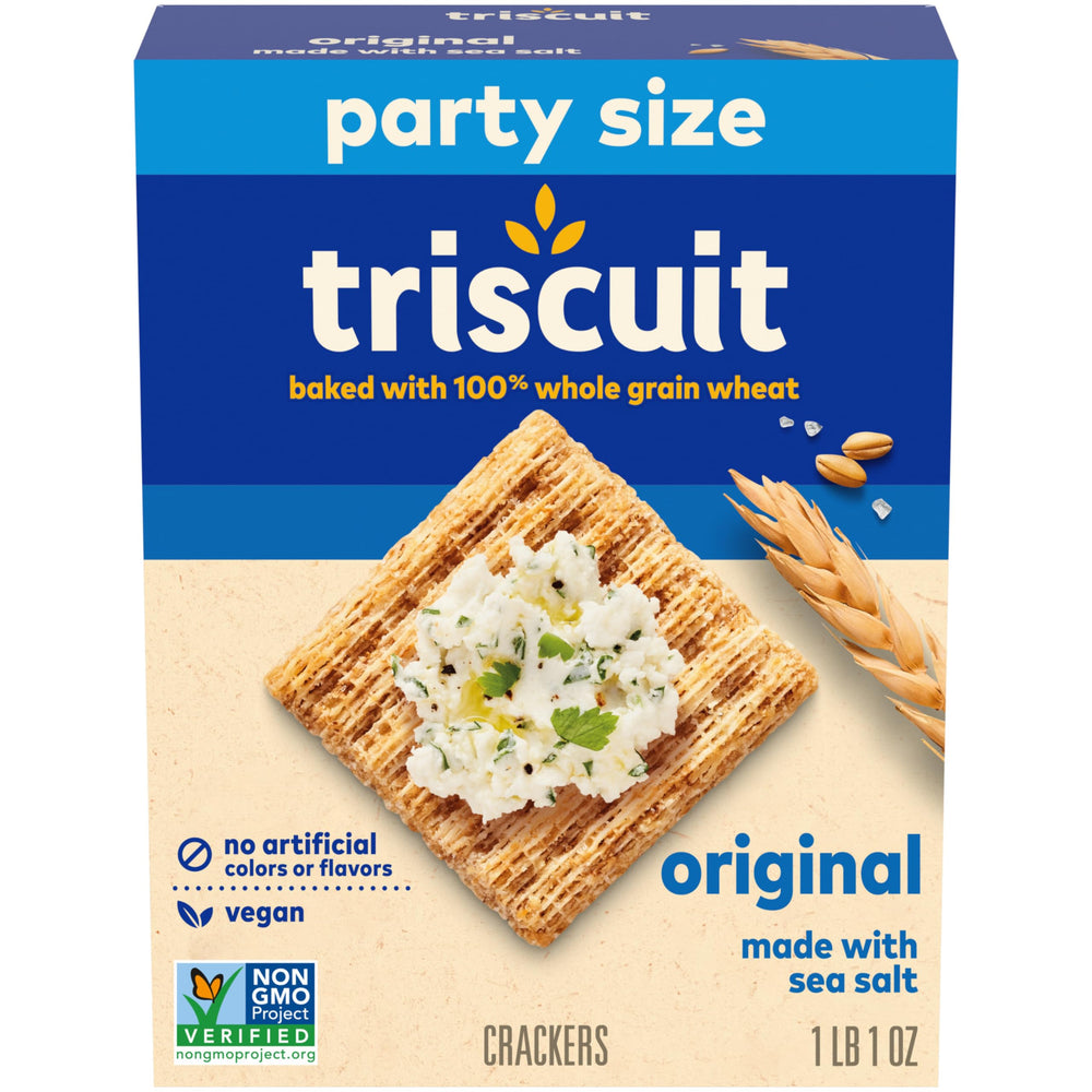 Triscuit Original Whole Grain crackers box front—versatile vegan snack