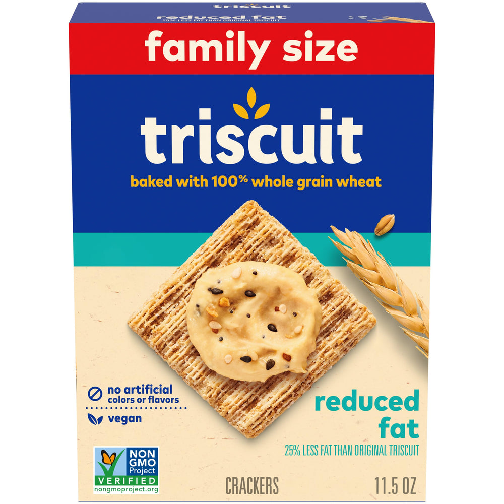 Triscuit reduced fat whole grain crackers in family size box for sharing