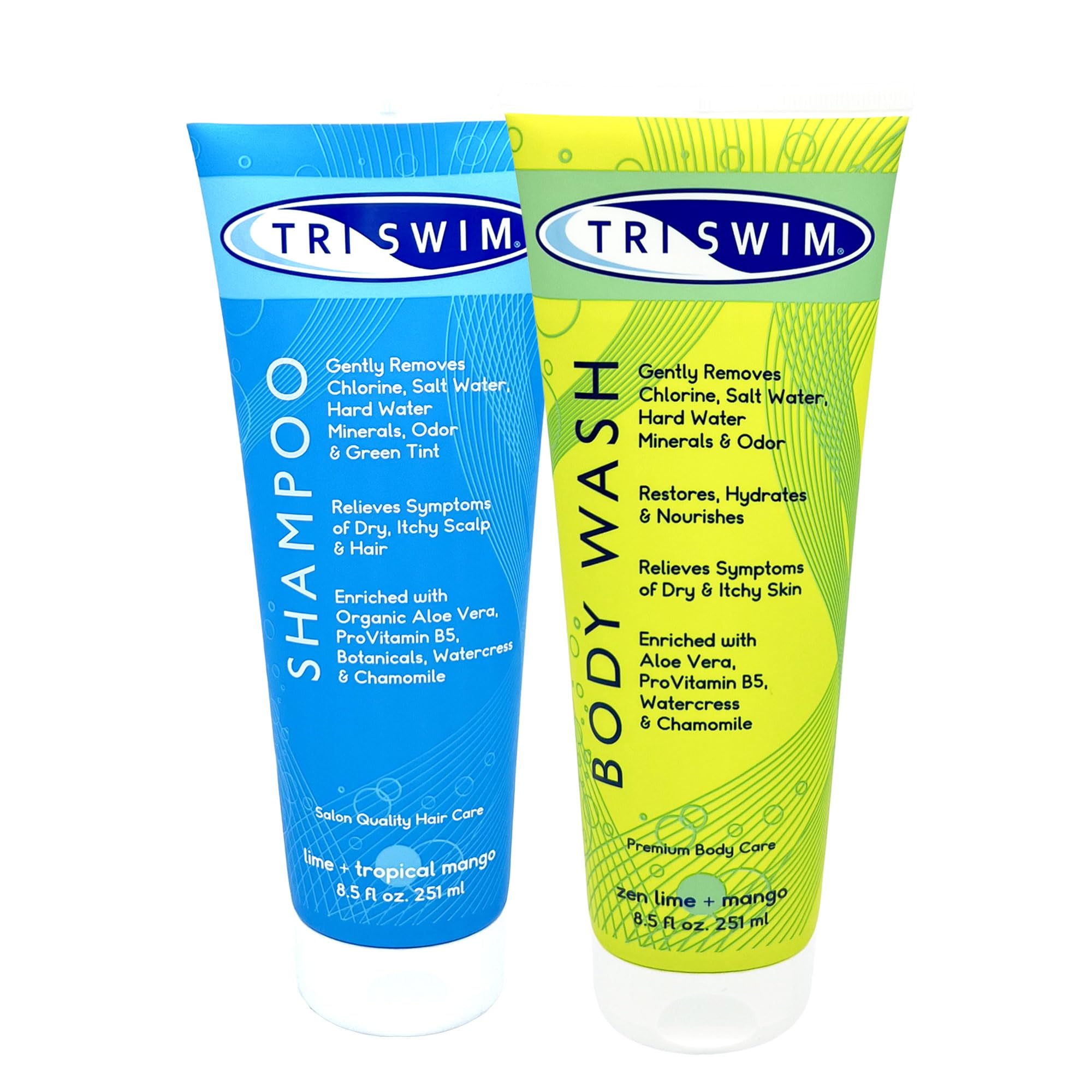 TRISWIM chlorine removal body wash bottle demonstrates soothing aloe for refreshed skin after swimming.