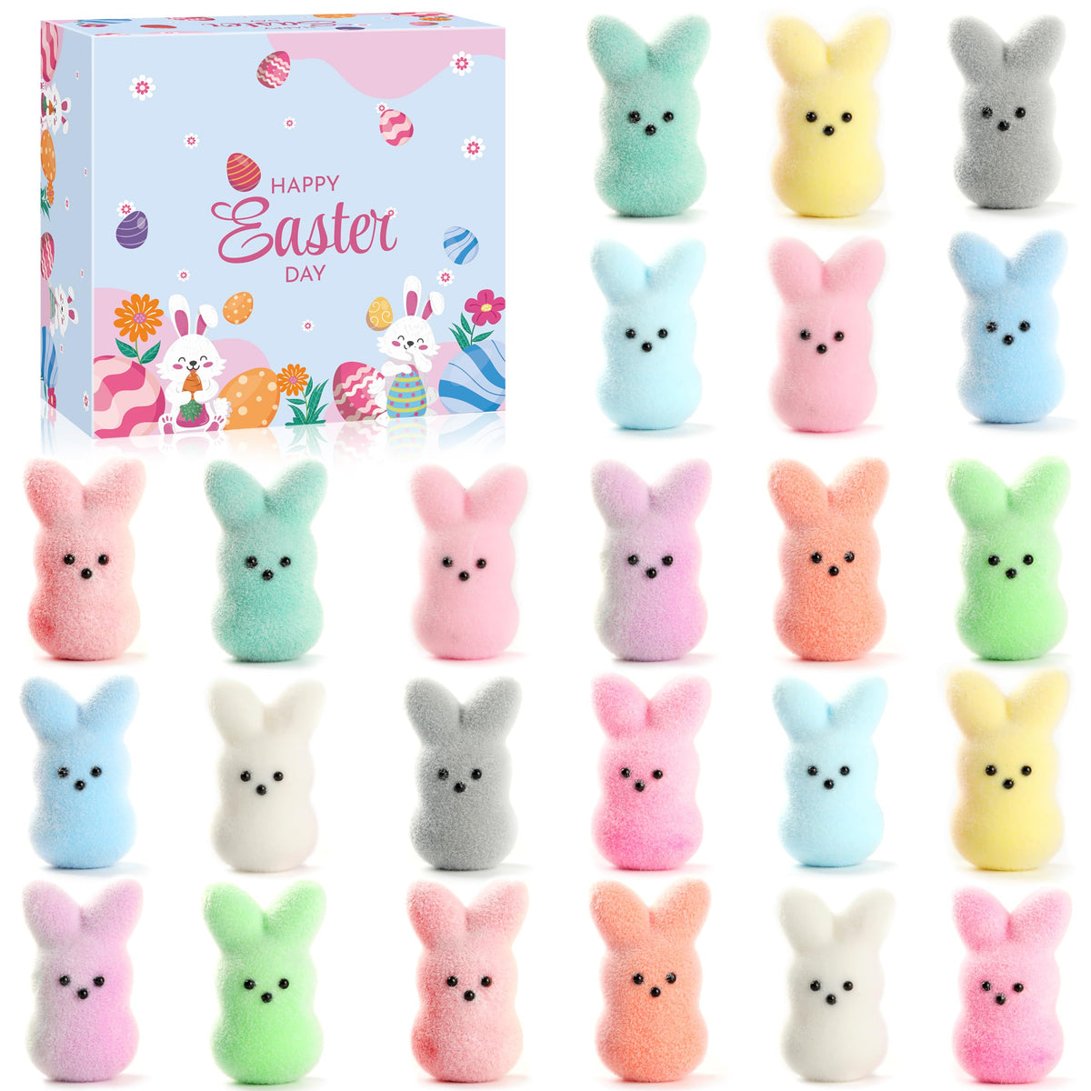 Trivolusia 24-piece Easter bunny figurines in a realistic fuzzy design, ideal for festive displays.